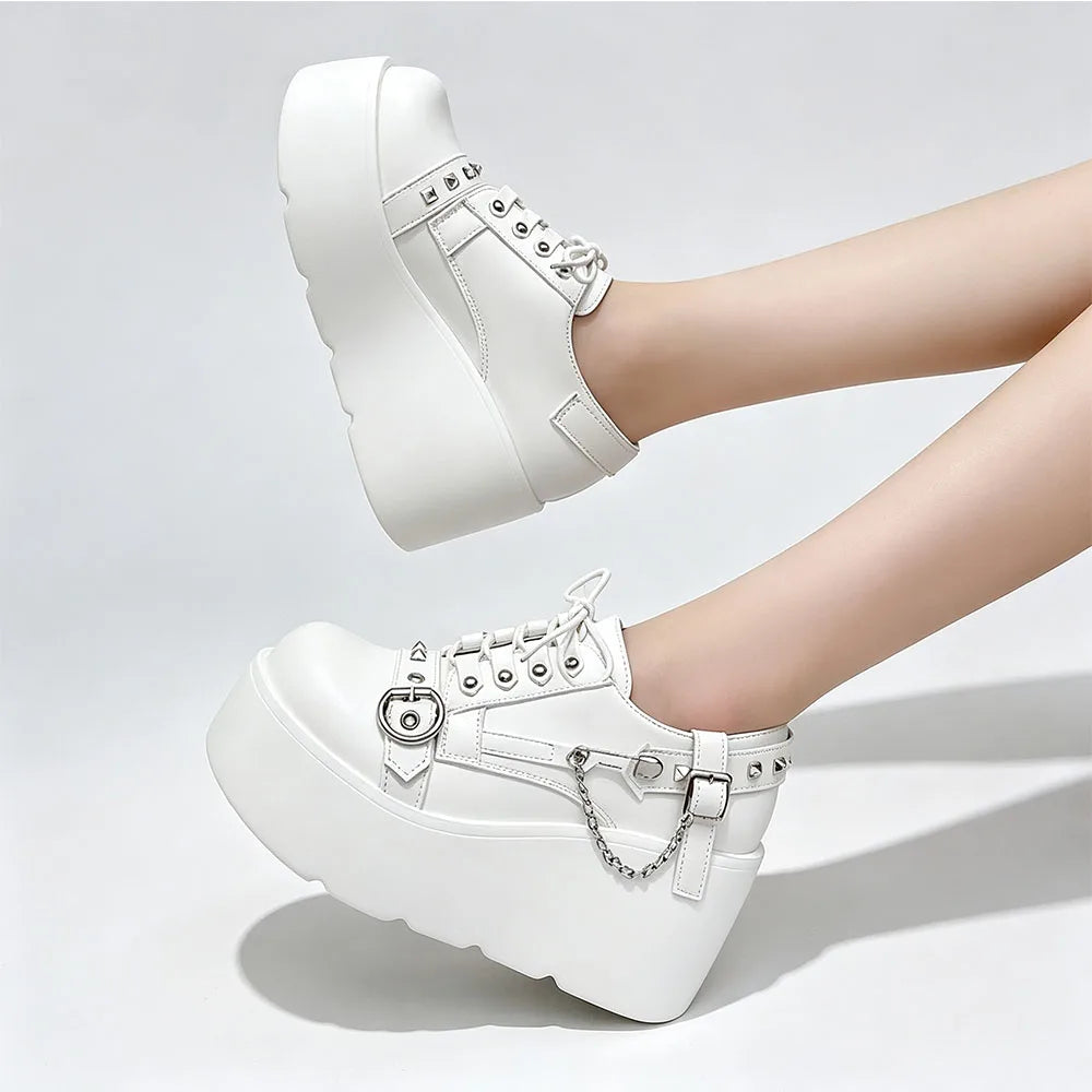 New Arrival Gothic Black Rivets Platform Creepers Shoes White Chain Decor Goth Creepers Chunky Lace Up Lolita Casual Shoes