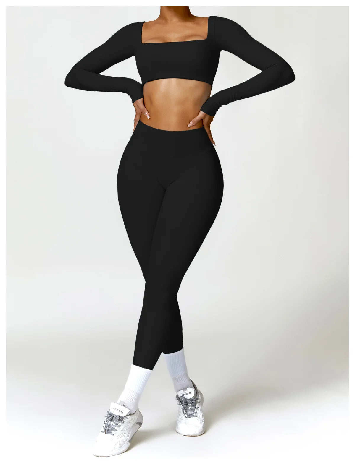 Hearuisavy Summer 2PCS Long Sleeve Gym Set Women Yoga Clothes Quick-Drying Sportswear Running Leggings Workout Sports Crop Top