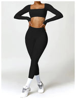 Hearuisavy Summer 2PCS Long Sleeve Gym Set Women Yoga Clothes Quick-Drying Sportswear Running Leggings Workout Sports Crop Top