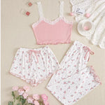 Three Piece Women's Heart-Shaped Printed Vest Shorts and Pants Paired with Ribbed Fabric for Home Casual Women's Sleepwear Set