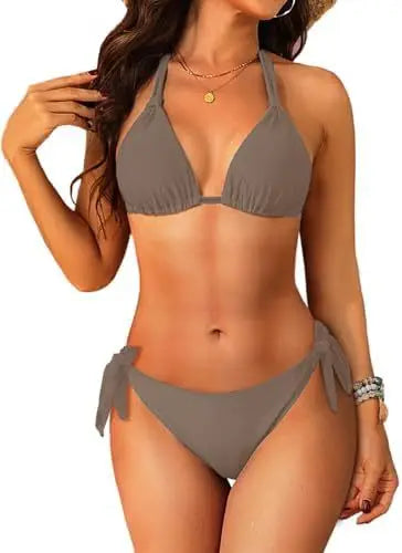 Women's Triangle Bikini Set Strap Design Swimsuit Two-Piece Swimwear Nylon Fabric with Chest Pad No Steel Support