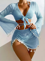 Sexy 4pcs Boho Tassels Trim Bikinis Sets Ladies Padded Bikini Set +cover Up Tops Skirts Beachwear Bathing Suit Biquini Monokini