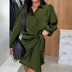 Party Club Short Dress Women's Satin Shirt Dress V Neck Long Sleeve Wrap Dresses Casual Tie Waist Mini Dress