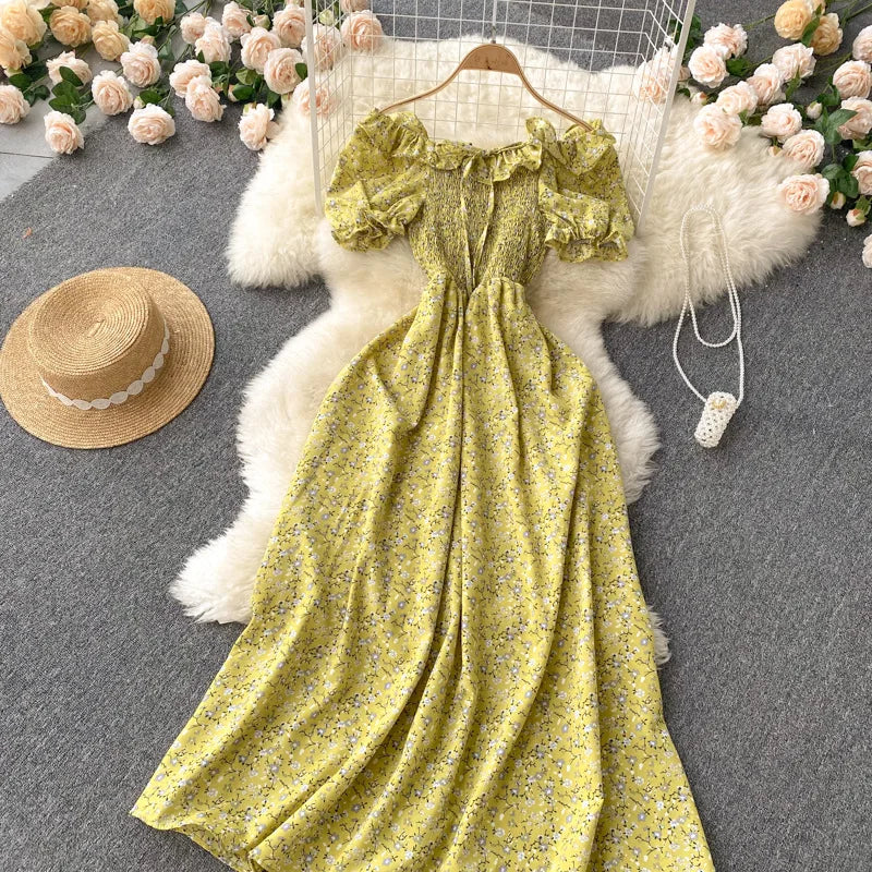 2025 Summer French Vintage Floral Dress Fashion Elegant High-Waisted Drawstring Vestidos Printed Fresh And Sweet Long Dresses