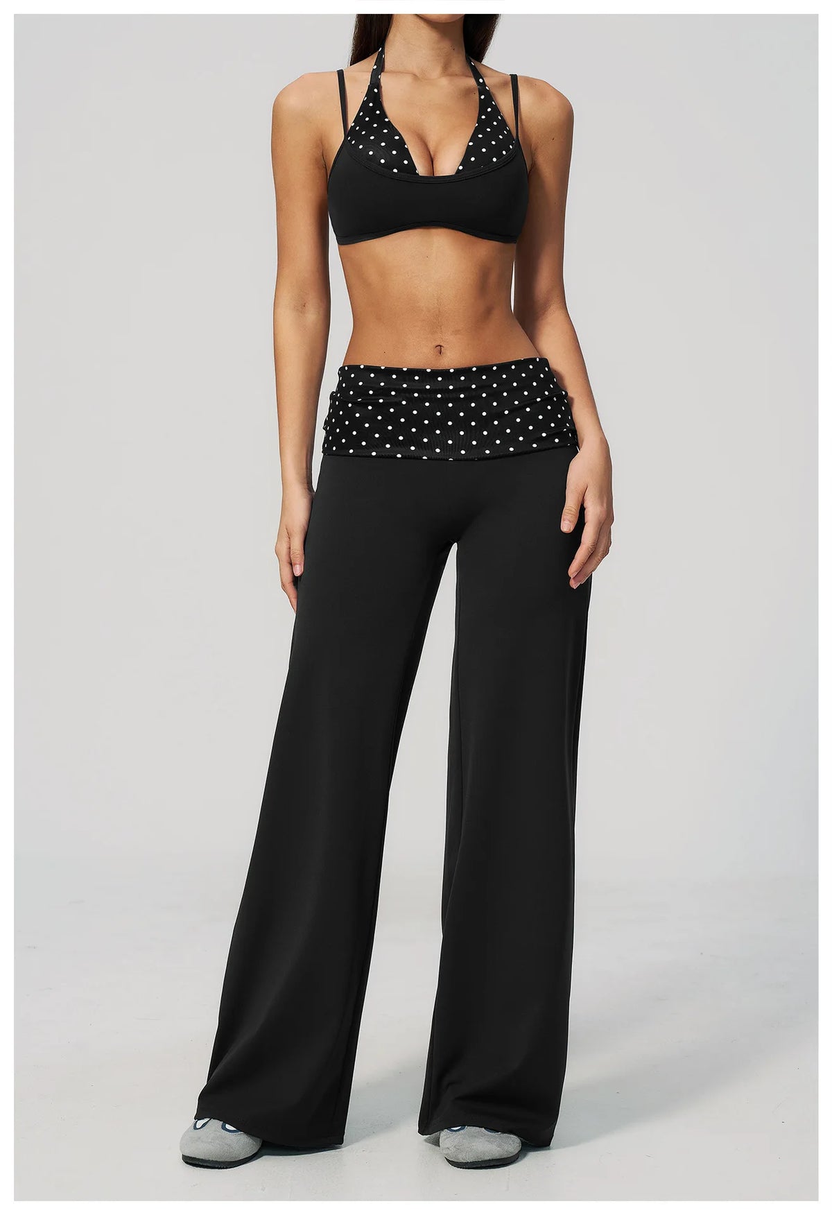 Fake Two-piece Sports Bra Yoga Sets Women Coffee Striped Patchwork Folding High Waist Wide Leg Pants Gym Running Fitness Suits