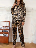 Autumn Winter Silk Satin Leopard Print Pajamas Set for Women Sleepwear Loose Casual Long Sleeve T-shirt and Trouser Suits