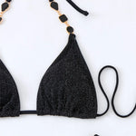 Sexy Black Shiny Swimwear Sarong String Halter Triangle Bikinis Sets 3 Pieces Rhinestone Swimsuit Women 2026 Bather Beachwear