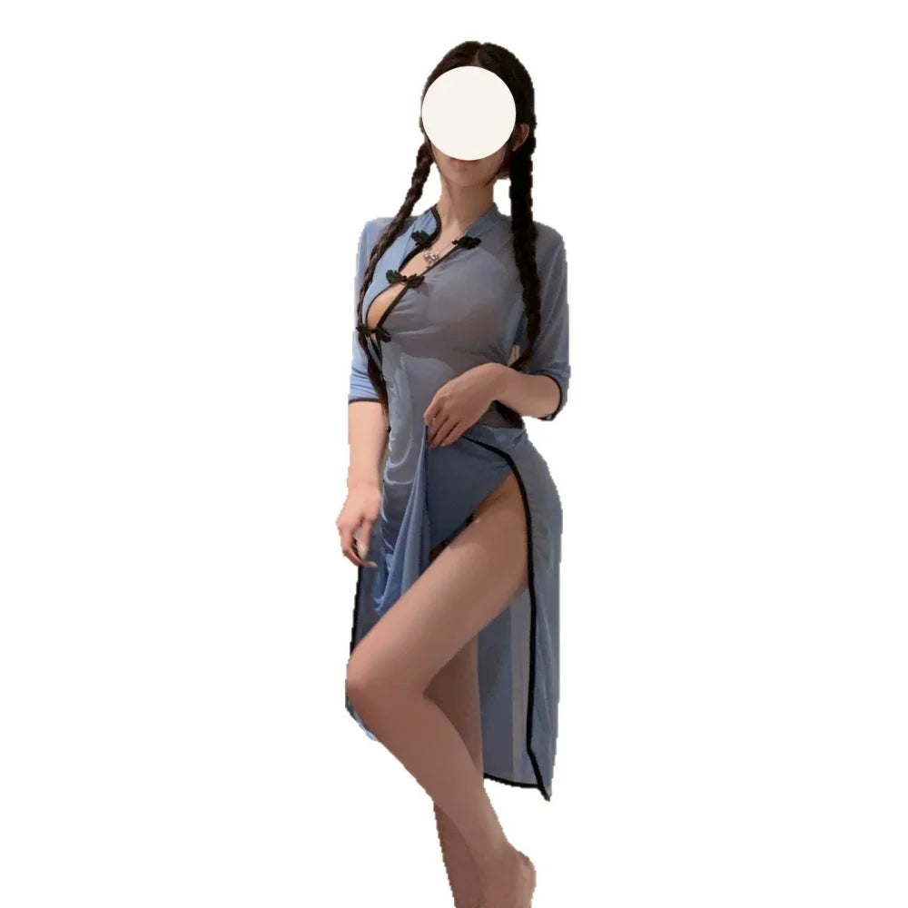 Sexy Cheongsam Lingerie Set Pure Desire Style Dating Outfit Easy-off Uniform Seductive Nightwear for Small Bust Intimate Lingeri