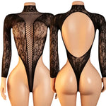 Sexy Lingerie Mesh Backless Open Bra Body Suits Erotic CostumeSee Through Hollow Full Sleeves Jumpsuit Black Plus Size Underwear