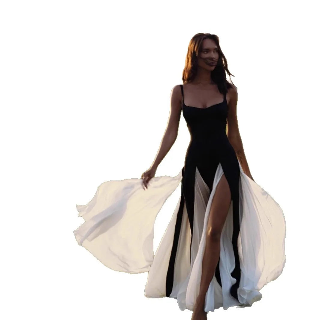 Color Matching Spaghetti Strap Dresses Women Sexy Low Cut Slim Slit Long Dress Fashion Party Prom Evening Vestidos Female