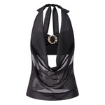 Summer Women Elegant 2 Piece Tops Mesh Sheer Halter Cowl Neck Sleeveless Vest with Buckle Tube Top Going Out Blouse Streetwear