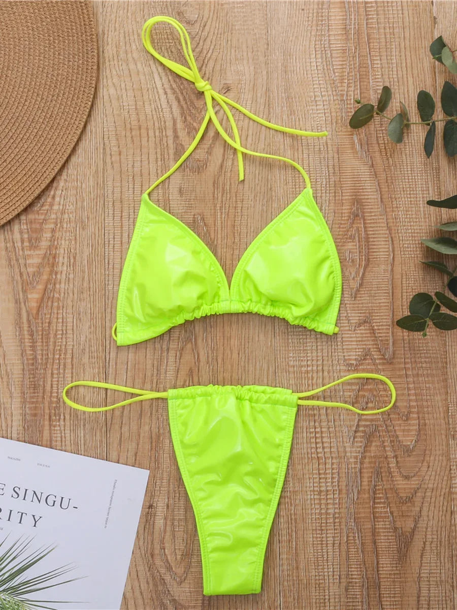 Shiny PU Mini Micro Bikini 2025 Women Swimsuit Female Brazilian Swimwear Two Pieces Bikini Set High Cut Bathing Suit Swim Lady
