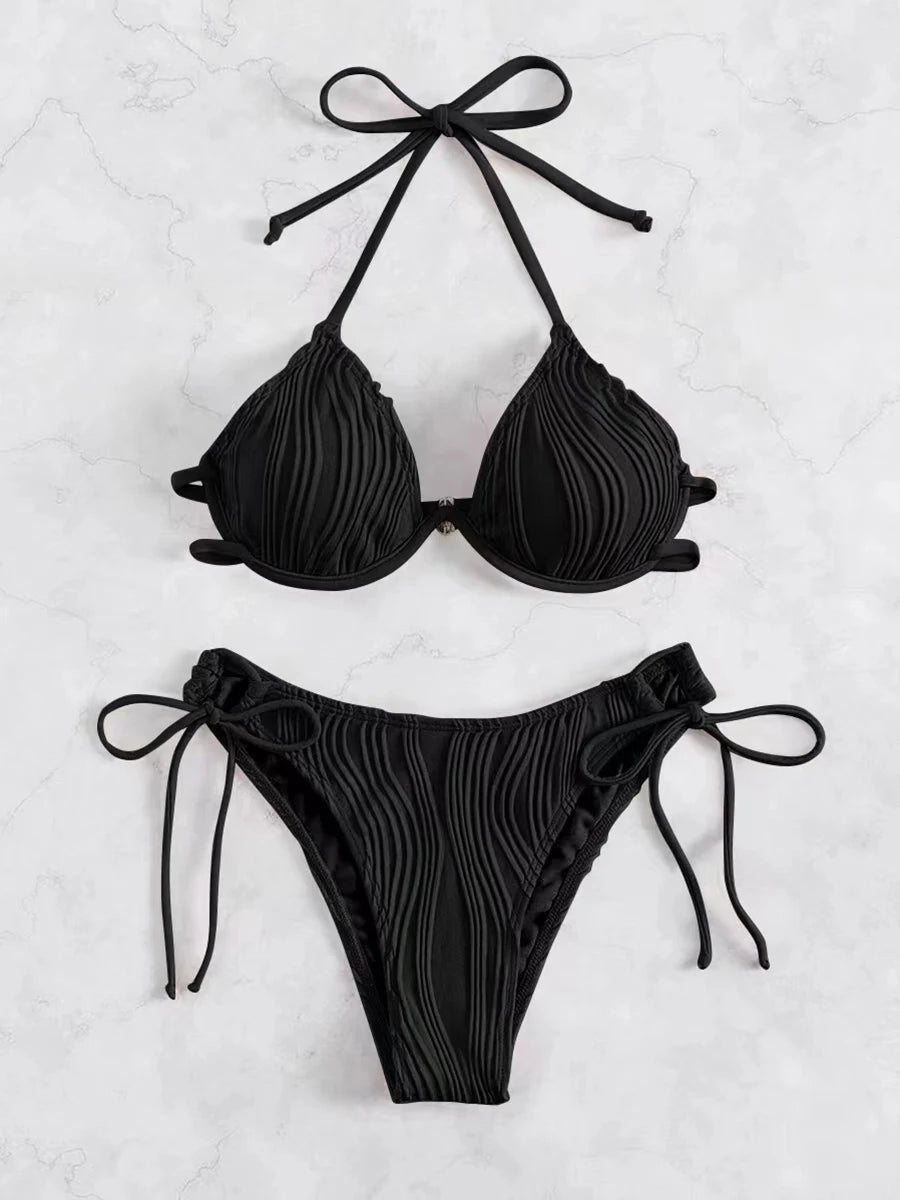 2026 Halter String Bikini Solid Push Up Swimsuit Women Sexy Swimwear Female Bathers Bathing Swimming Swim Suit Beachwear