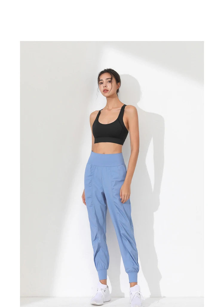 Hearuisavy Yoga Pants Loose Slim Quick-Dry Yoga Pants Pleated Hem Bound Running Fitness Capris Pockets Jogging Pants Woman