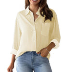 Women Shirt Lapel Long Sleeve Women's Shirts Single Breasted Shirt Tops with Patch Pocket Office Tops