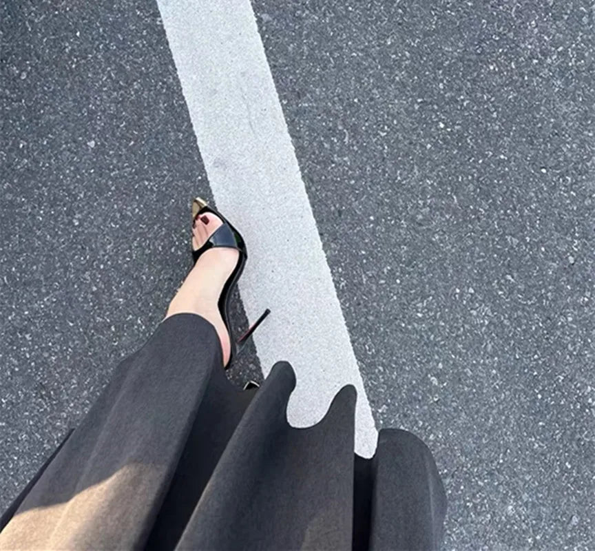 Black glossyFemale High Heels Open Toe Slides Trending Breathable Women Summer Outfit Casual Shoes12cm Sandals