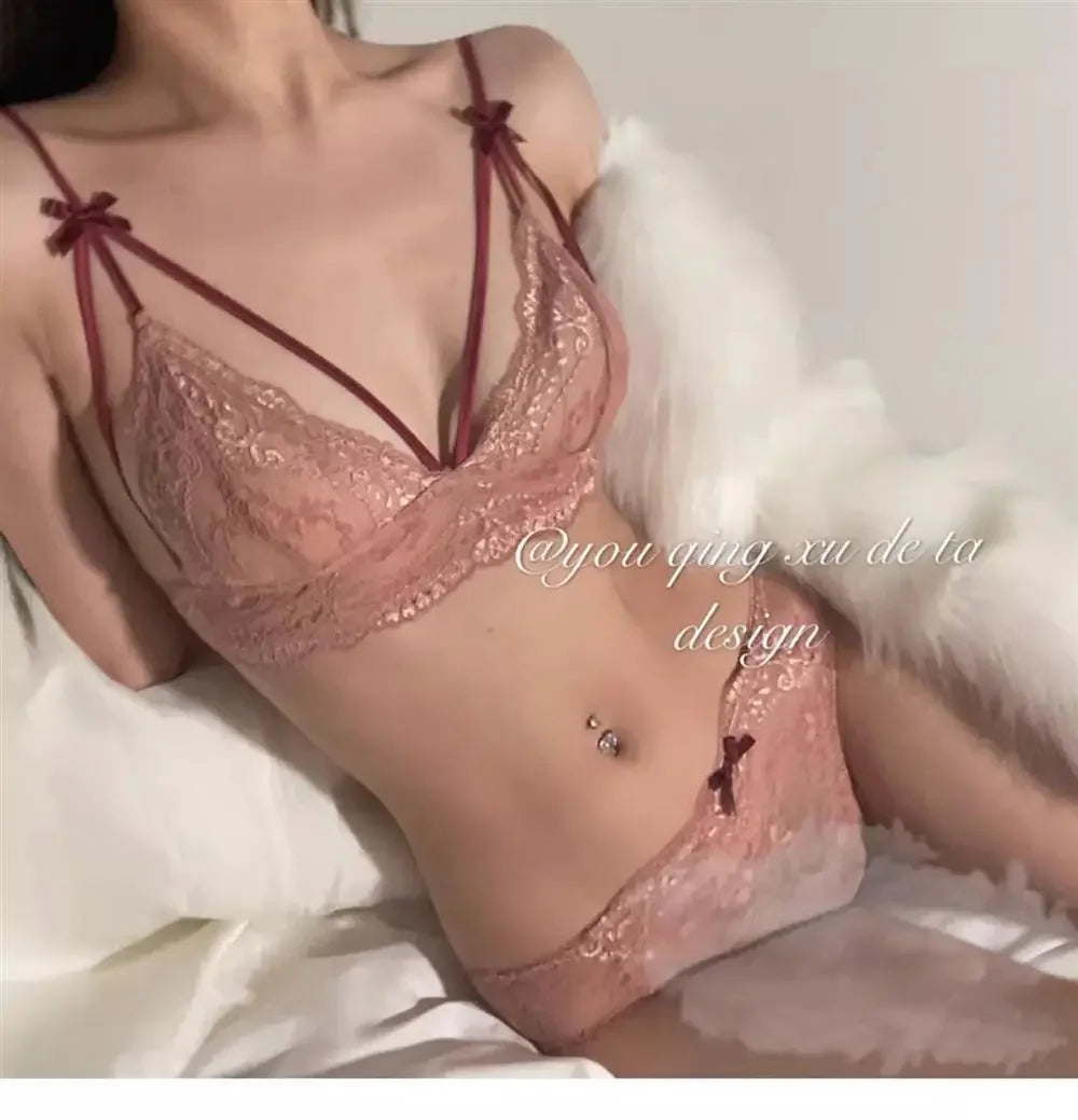MOYISUFrench Ultra Fina Sexy Tushy Conjunto Encaje Sin Aro Sensual Transparente Bralette Pantaleta Ajuste Perfecto Talla S-XL