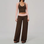 Women 2/3Piece Yoga Set Fitness Suit Gym Clothing Workout Tracksuit Sportswear Colorblock Halter Long Sleeve Top Wide Leg Pants