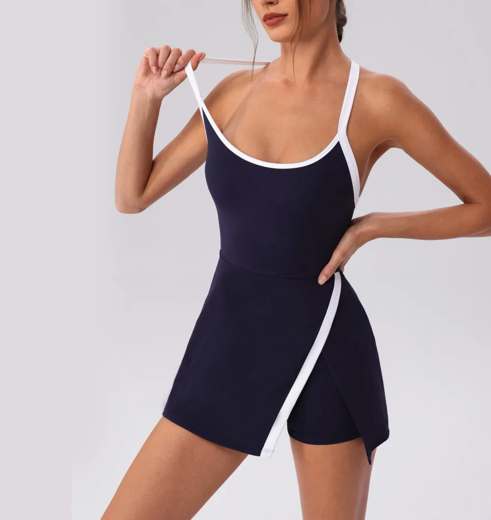 Color Contrast Tennis Dresses Women Beautiful Back Hollow Back Cross Split Skirt Pocket Sports Fitness One-piece Yoga Golf Suit