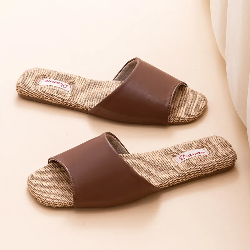 2026 New Breathable Linen Slippers For Women Men Spring Summer House Shoes Soft PU Leather Anti-slip Couples Home Floor Slides
