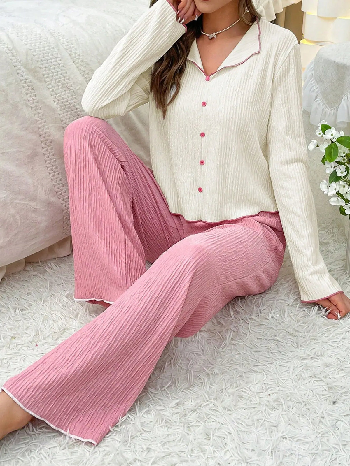 Autumn Winter Sleepwear for Woman Pajamas Set Lapel Button Fashion Long Sleeve Tops and Trousers Home Suit Loungewear