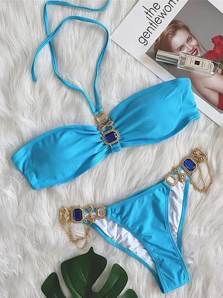 Halter Crystal Rhinestone Diamond Bikini 2026 Female Swimsuit Women Swimwear Two Pieces Bikini set Brazilian Bathing Suit Swim