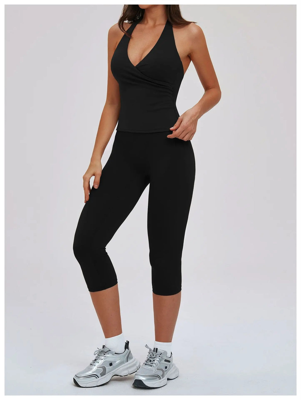 2PCS Workout Set Women Yoga Sets V Neck Cross Slim Sports Tank Top Athletic Wear Outdoor Tight High Waist Leggings Fitness Suits