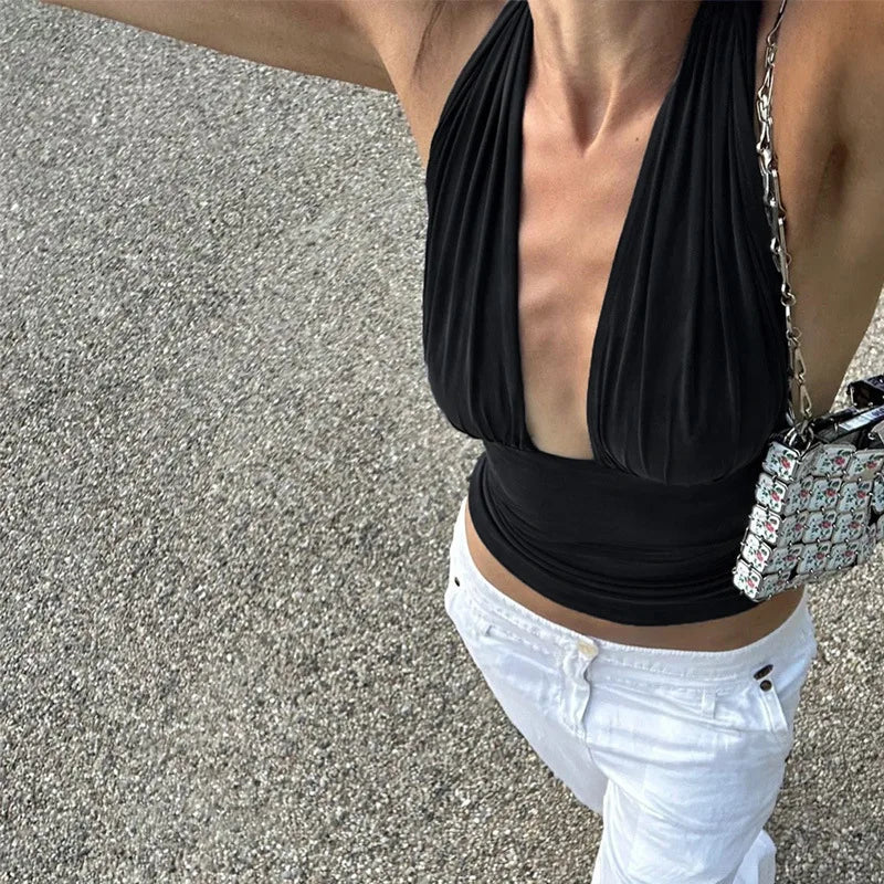 FDYOUI Sexy Deep V-neck Bandage Solid Crop Tops Women's 2026 Summer Halter Off Shoulder Sleeveless T-shirt Vacation Corset Top