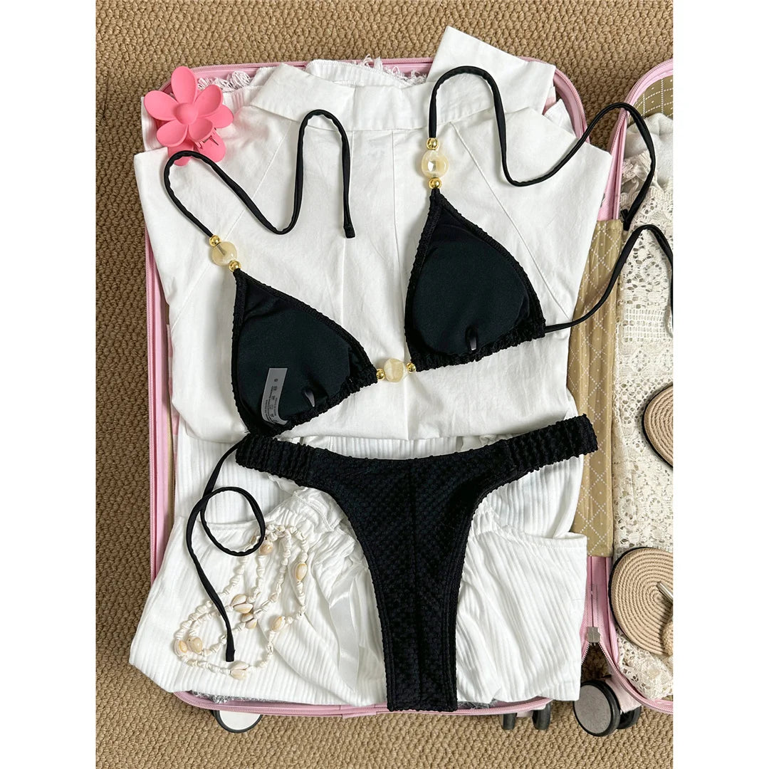 Wrinkled Crinkled Halter Bikini Female Swimsuit Women Swimwear Two-pieces Bikini set Brazilian Bather Bathing Suit Swim V8134