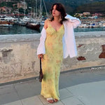 Sexy Elegant Flower Print Slim Long Dresses Women V-neck Low Cut Leace-up Backless Package Hip Bodycon Sleeveless Dress Female