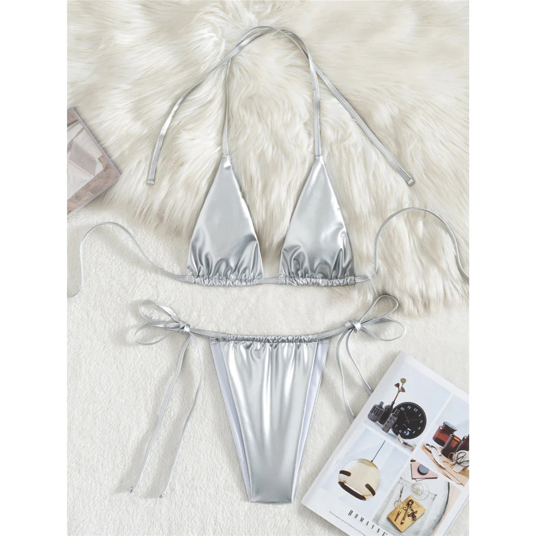 3 Colors New PU Faux Leather Halter Bikini Women Swimwear Female Swimsuit Bather Bathing Suit Swim Two-Pieces Bikini Set V6492B