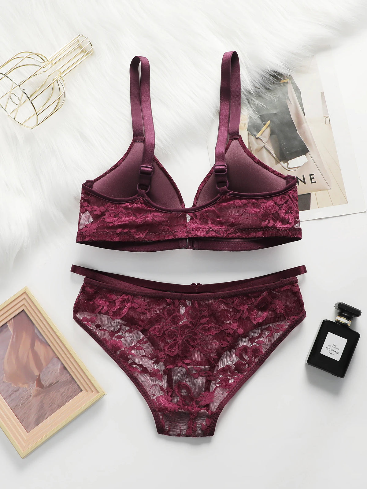 Women Sheer Lace Bra Set Front Hook Closure Wireless V Neck Brassiere Burgundy Floral Lace Underwear Panties Suit Sexy Lingerie