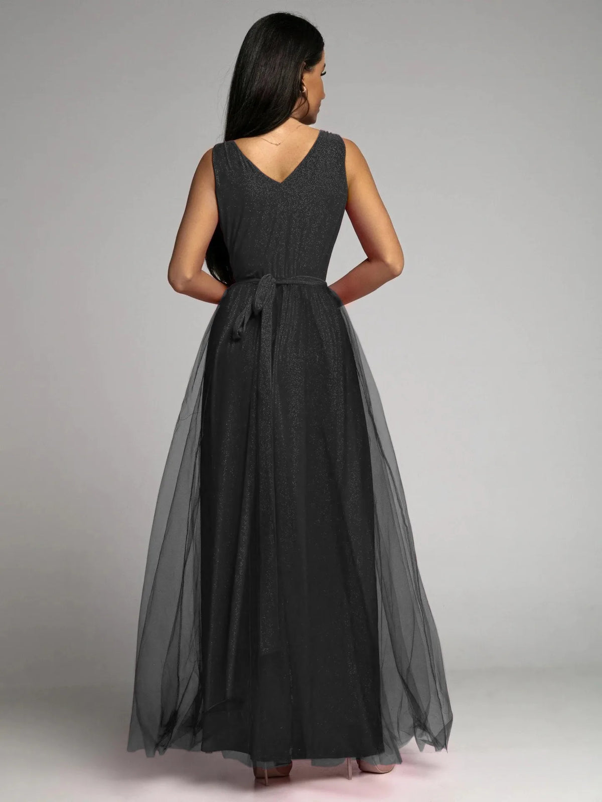 Elegant Solid Color Fine Sparkle Party Dresses Women Temperament V-neck Leace-up Mesh Slit Long Dress Evening Vestidos Female