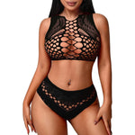 Fishnet Lingerie 2 Piece Set Hollow Out Sleeveless Crop Top And High Waist Panty Cut‑out Mesh Intimate Sleepwear Dating Outfits