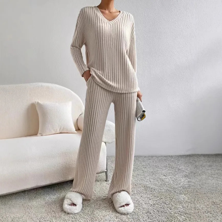 Autumn Winter Ribbed Knit Two Piece Set Womens V Neck Long Sleeve Top Wide Leg Pants Loungewear Casual Solid Color Outfit