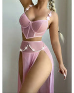 Women Sexy Lingerie Dress for Bow Knot Patchwork Mesh See-through Bra and Skirt Panties Set Underwear Erotic Lingerie