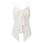 Women’s Spaghetti Strap Tank Tops Summer Sleeveless Tie Split Front Lace Sheer Vest Retro Sexy Corset Streetwear