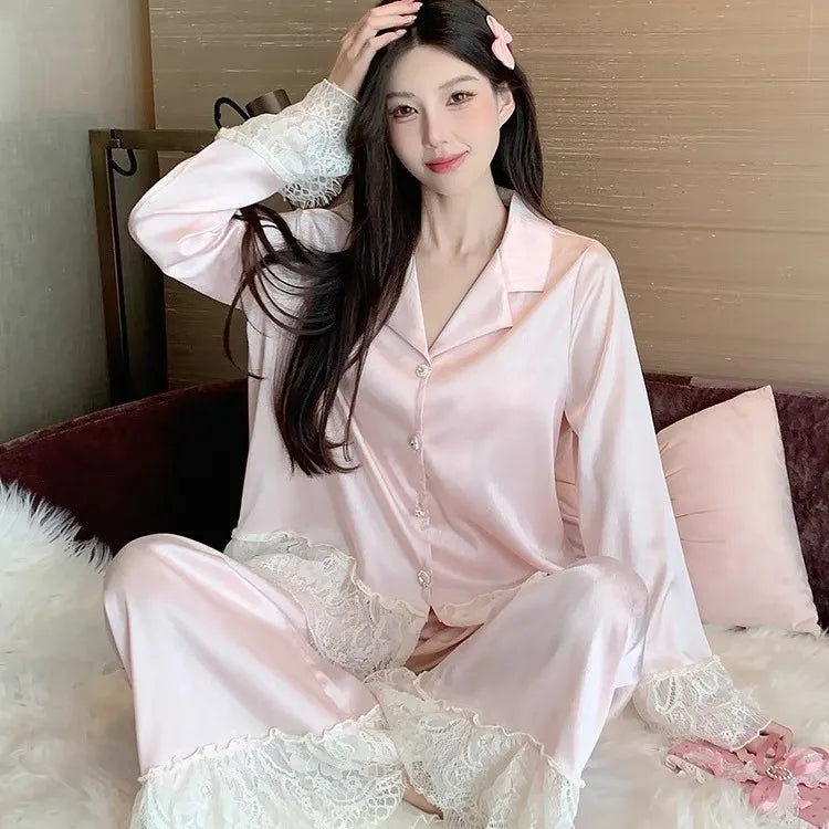 Spring and Autumn Satin New Style Temperament Ice Lace Lace Lace Silk Light Luxury Sleepwear Women's Home Clothes Outside Sweet