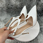 Bright white Cover Pointed Toe Sexy Woman Shoes Thin Super High Heel T-strap Grace Lady Pumps Breathable Summer Shallow Slip-on