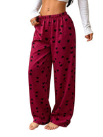 New Women Satin Pajama PantsHeart Print Elastic Waist Loose Wide Leg Sleep Bottoms Ladies Casual Trousers