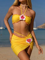 3D Flowers with Mesh Skirt Halter Bandeau Bikini Women Swimsuit Female Swimwear Three-pieces Bikini Set Bathing Suit Beachwear