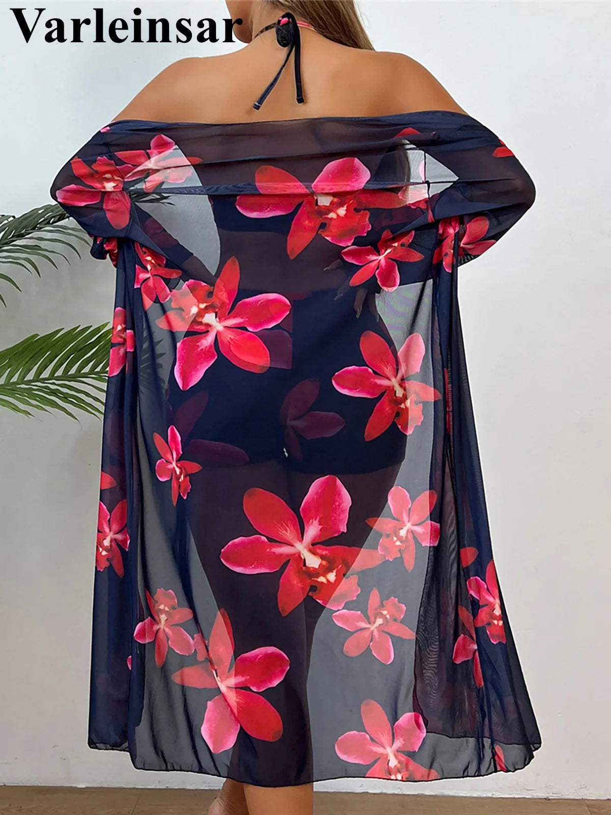 S - XL Long Sleeve Cover Up Flowers Bikini Female Swimsuit Three-Pieces Bikini Set Women Swimwear Bather Bathing Suit Swim V7232