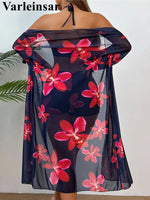 S - XL Long Sleeve Cover Up Flowers Bikini Female Swimsuit Three-Pieces Bikini Set Women Swimwear Bather Bathing Suit Swim V7232