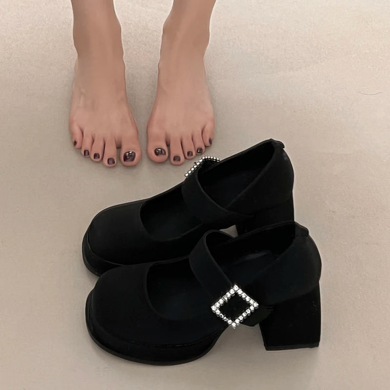Elegant Chunky Heel Mary Jane Shoes Women 2025 Crystal Buckle Strap Platform Pumps Woman Thick High Heeled Party Shoes Ladies