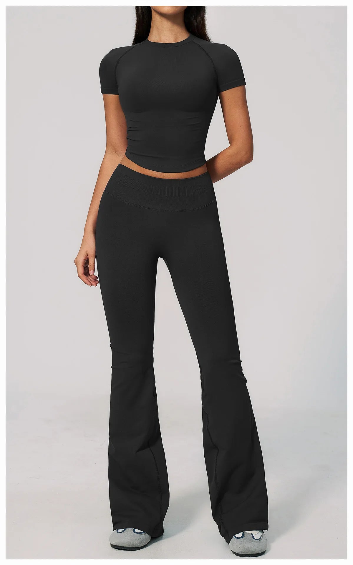 Seamless High Elasticity Yoga Sets Women Short Sleeve O Neck Sports T Shirts Workout Outfits Running Wide Leg Pants Fitness Suit