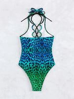 Sexy Hollow Out One Piece Swimsuit 2025 Women Blue Leopard Print Gradient Bandage Backless Bikini Bathing Suit Thong Swimwear