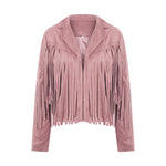 Women Spring Autumn Slim Long Sleeve Open Front Coat Solid Color Collared Jacket with Tassels Black/ Coffee/ Pink