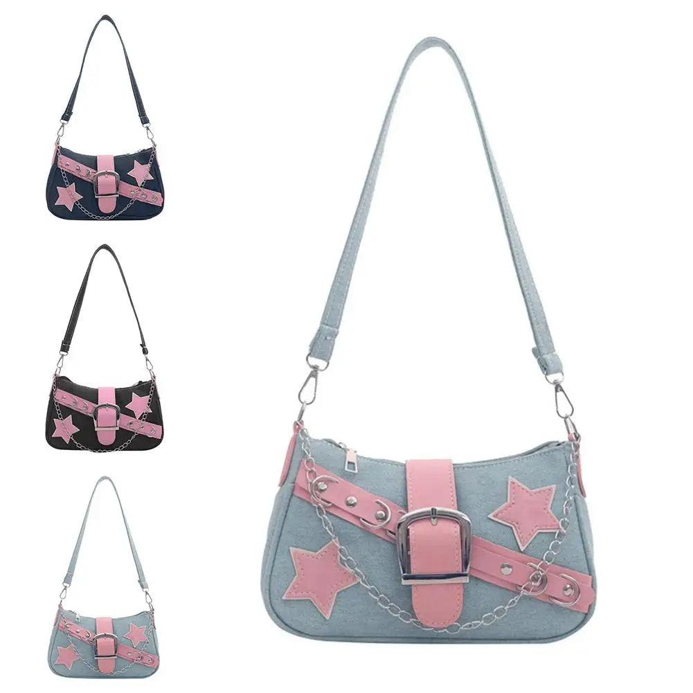 Fashion Women's Handbags Denim Stars Pattern Cool Girls Underarm Bag Female Small Shoulder Hobo Bags Chain Tote Bag