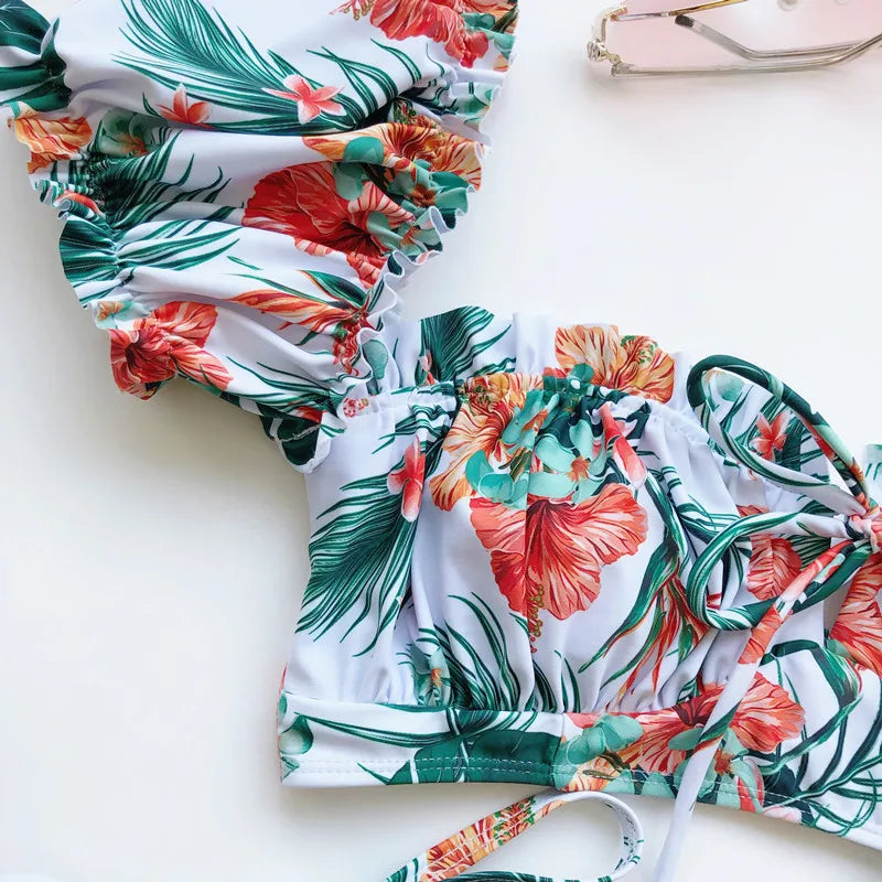 DEKA Brazilian Puff Sleeve Bikini Set Women Thong Swimsuit Printed High Waist Swimwear Bathing Suit Beachwear Push Up Bikini