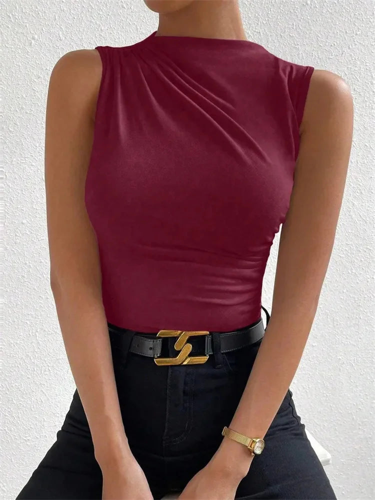 Fashion Casual Mock Neck Ruched Tank Top for Women Summer 2024 Solid Color Pleated Sleeveless Tee Shirt Tshirt Streetwear Y2K